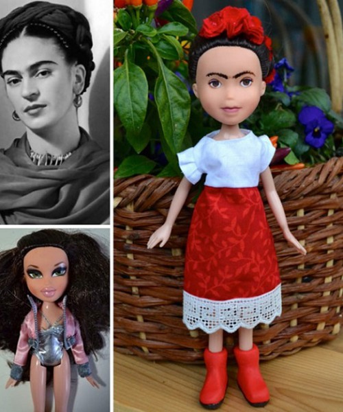 Collage of three photos showing a stereotypically-beautiful woman; a doll that looks like the woman in the previous photo; and another doll.