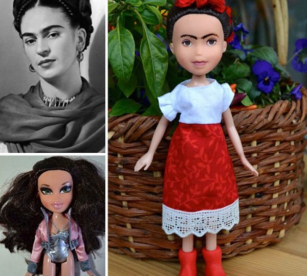 Collage of three photos showing a stereotypically-beautiful woman; a doll that looks like the woman in the previous photo; and another doll.