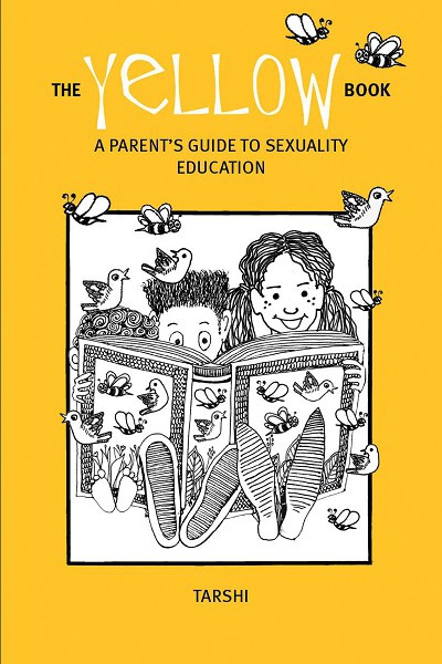 Book cover. Illustration of a brother and sister reading a book with birds and bees on its covers. On the top is written "The Yellow Book - a paren'ts guide to sexuality education.