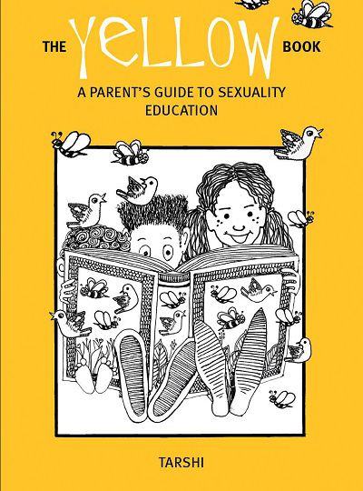 Book cover. Illustration of a brother and sister reading a book with birds and bees on its covers. On the top is written "The Yellow Book - a paren'ts guide to sexuality education.