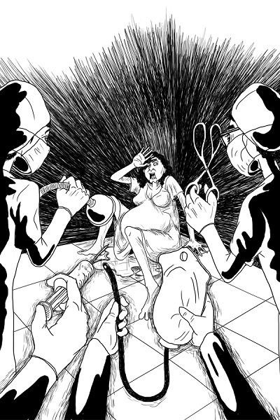 Illustration of a heavily pregnant woman with her water broke, cowed in a corner scared of doctos approaching her with various medical instruments like injection, pump for the delivery.