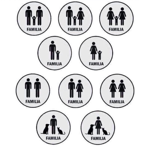An illustration of what makes a family using stick figures. Several different scenarios is sepearate circles. One shows two men and a child; another - a man, a woman, and a child; two women and a child; a man and a child; a woman and a child; two men; a man and a woman; two women; a man, a cat, and a dog; and last - a woman, a cat, and a dog.