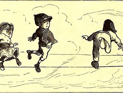 A drawing of three kids jumping from one side to the other of a wire from a telephone tower.
