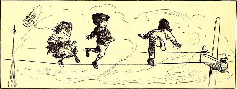 A drawing of three kids jumping from one side to the other of a wire from a telephone tower.
