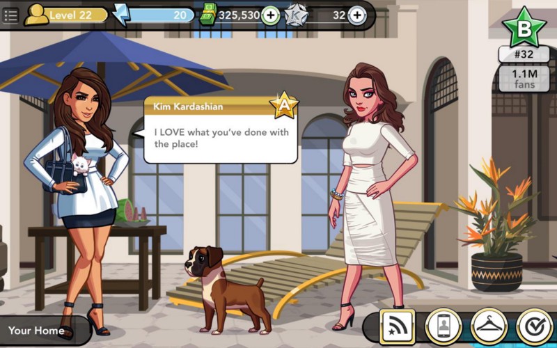 Screenshot of a digital animated game. Two women are standing on a patio, with one saying to other, "I love what you've done with the place."