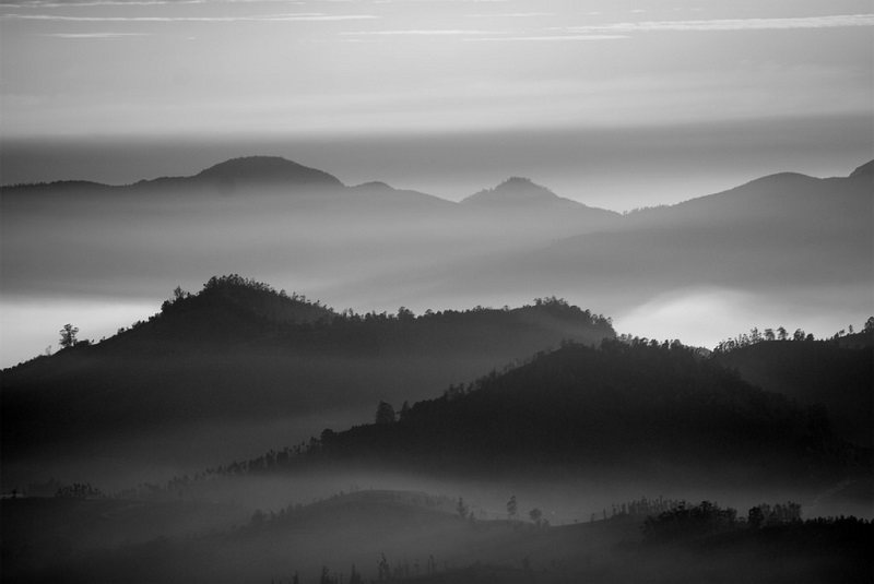 Black-and-white softened photo of a mountainous landcape.