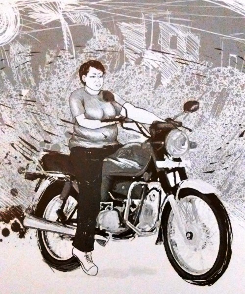 Illustration of a woman with boy-cut hair sitting on a motorcycle. She is wearing tee shirt and jeans.