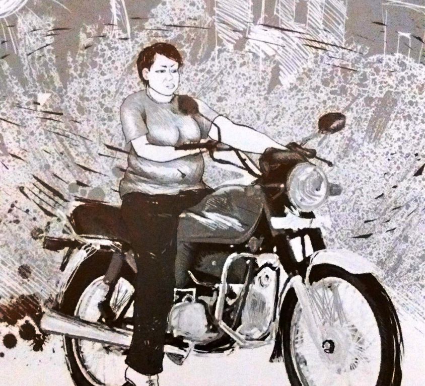 Illustration of a woman with boy-cut hair sitting on a motorcycle. She is wearing tee shirt and jeans.