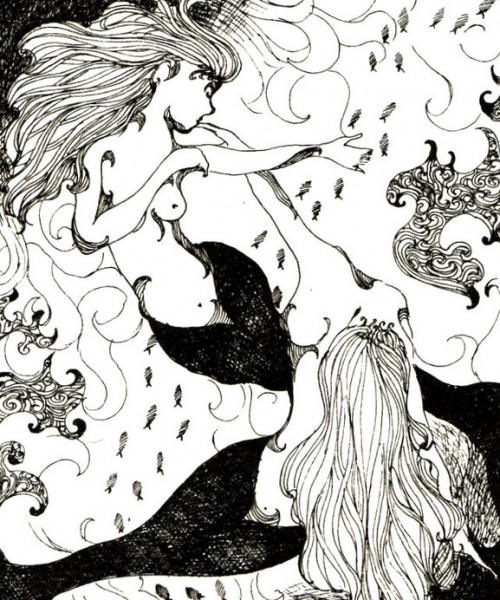 Illustration of two nude mermaids.