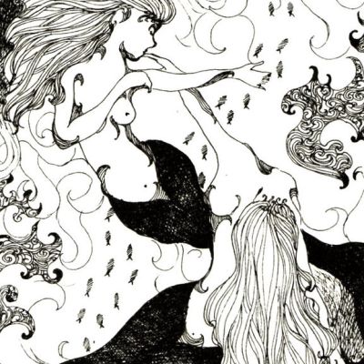 Illustration of two nude mermaids.