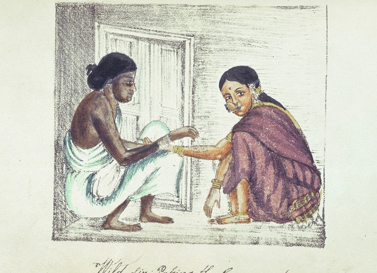Painting showing caste differences. Two women squatting, facing each other. One wears a plain white simple saree without a blouse, and has a darker complexion. The other, of fairer complexion, wears a shiny purple saree with blouse, and a big nose ring. Below in cursive is written, "wild six paking the greenspad".
