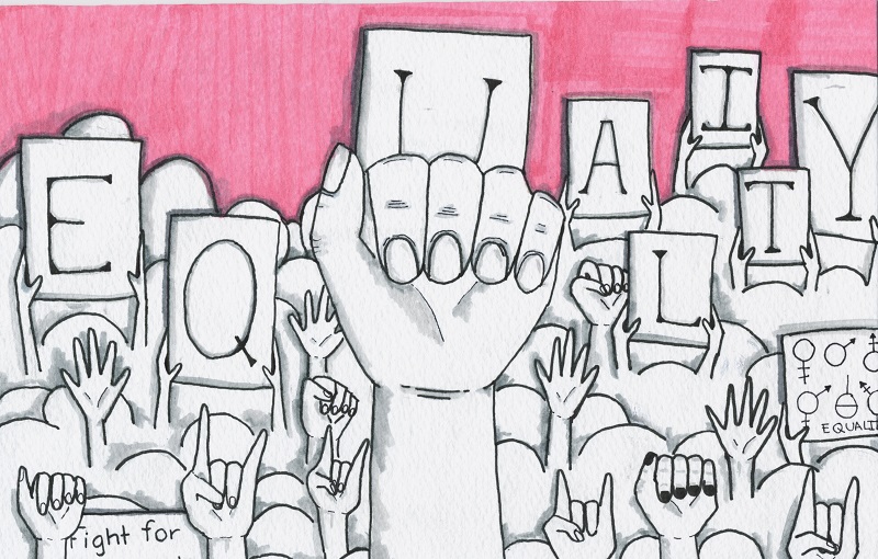 Illustration of several hands raised up from an audience. Some hold placards with individual letters written, that when read together, spells, "Equality". One placard reads, "Fight for".