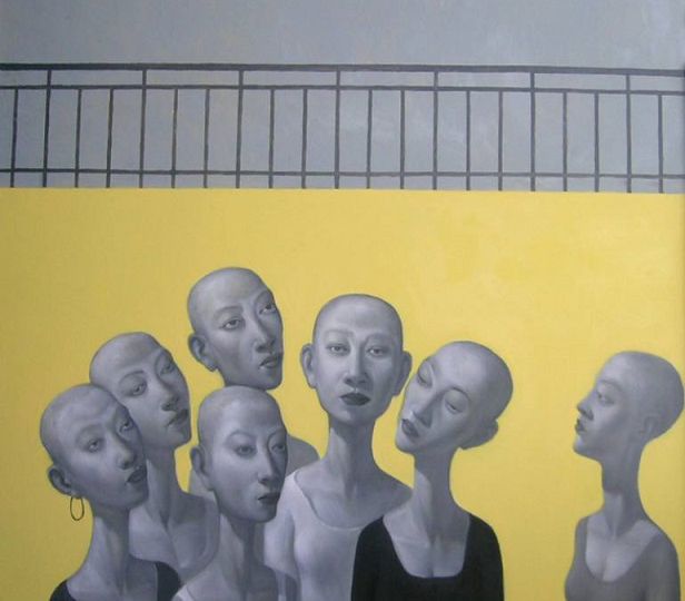 An illustration. Seven almost similar-looking women standing cluless. They are all bald and anorexic.