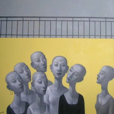 An illustration. Seven almost similar-looking women standing cluless. They are all bald and anorexic.