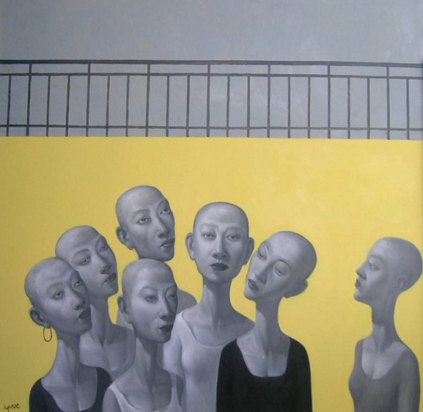 An illustration. Seven almost similar-looking women standing cluless. They are all bald and anorexic.