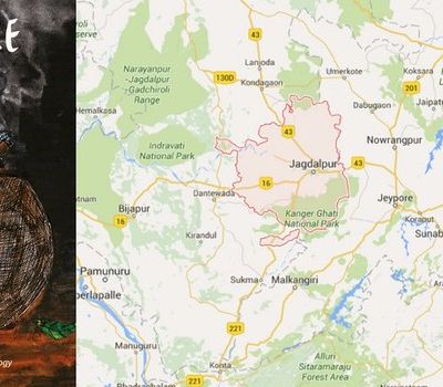 Collage of 2 pictures. One is a book cover with an illustration of two adivasi men sitting by a fireside on a winter night. On top is written in white, "Woodsmoke and leafcups." 2nd picture is the google map of Jagdalpur, near Vishakhapatnam.