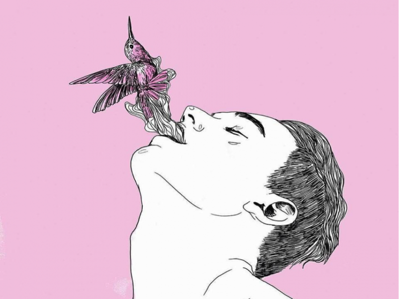 Illustration of a young man with his tilted back, and a pink bird flying out of his mouth. The picture has light pink background.