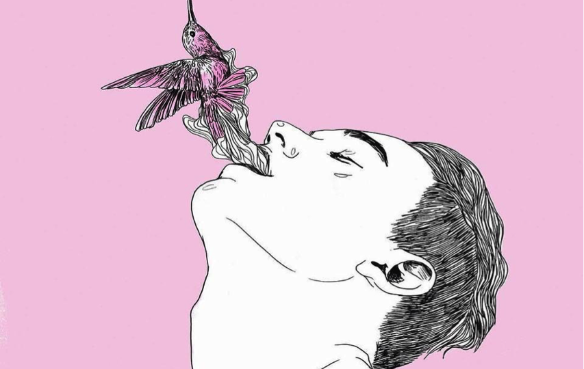 Illustration of a young man with his tilted back, and a pink bird flying out of his mouth. The picture has light pink background.