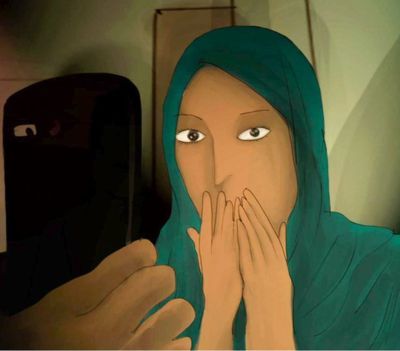Painting of a woman with her hands covering her mouth in shock, as she looks at a phone screen
