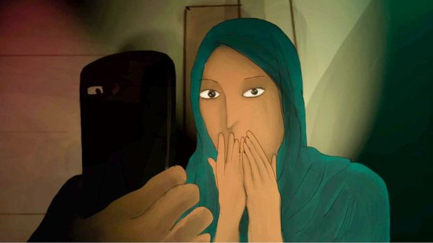 Painting of a woman with her hands covering her mouth in shock, as she looks at a phone screen