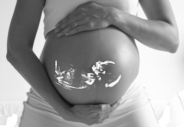 Its a back and white photo of a pregnant woman holding her belly. It also shows a vague outlne of the foetus.