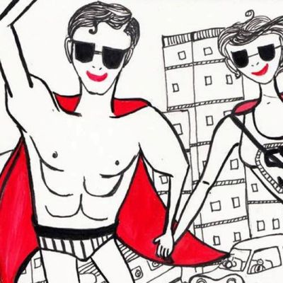 Its cartoon of a guy wearing onky an underwear and a red cape (like superman) and a girl is holding his hand wearing a t-shirt with S written on it, she's also wearing a cape. Both of them are wearing sunglasses.The background of the image features buildings and cars.