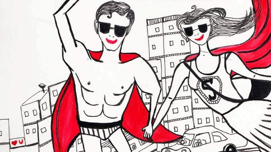 Its cartoon of a guy wearing onky an underwear and a red cape (like superman) and a girl is holding his hand wearing a t-shirt with S written on it, she's also wearing a cape. Both of them are wearing sunglasses.The background of the image features buildings and cars.