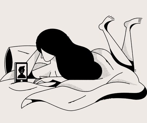 Its a doodle image of a girl lying on her bed and talking to a guy on videochat n her phone.