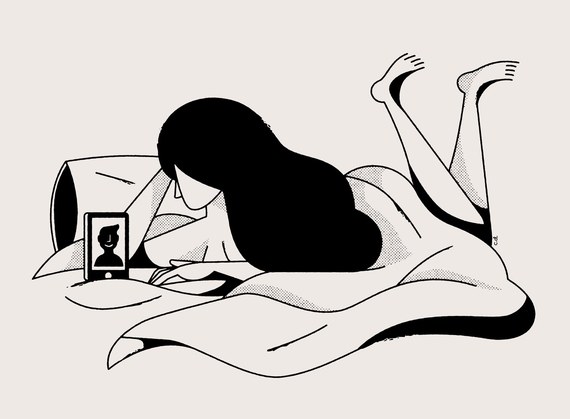 Its a doodle image of a girl lying on her bed and talking to a guy on videochat n her phone.