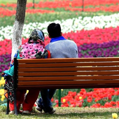 A young (Kashmiri) couple sitting on a bench facing backwards, looking at the garden.