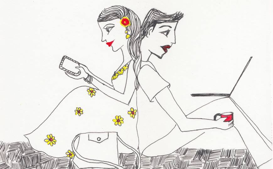 Its a doodle of a girl and boy sitting facing their backs at eachoher. The girl is, wearing a yellow flower dress, looking at her phone. While the boy is using his laptop and has a red cup of coffee in one hand.