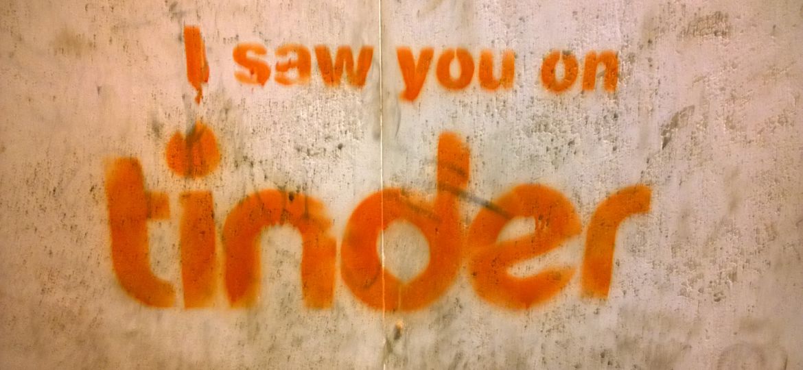 Its a photo where there is a text that says, 'I saw you on tinder' in red.