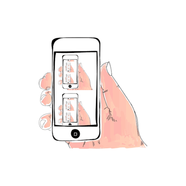 cartoon sketch of a hand holding up a mobile phone; on the screen is pictures of more mobile phones