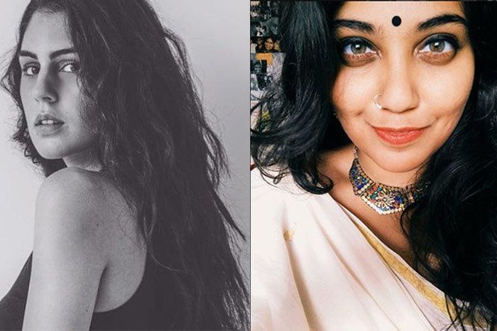 The main photo is a collage of two girls, India Woods, black and white photograph. And the other is of Rhea Saldanha, a selfie of a girl wearing a black bindi. The rest of the photos are of the individuals who have shared their stories.