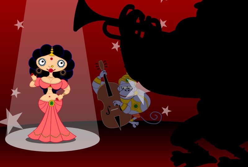 Still from an animated video with Sita singing under a spotlight. Music plays on the stage around her.