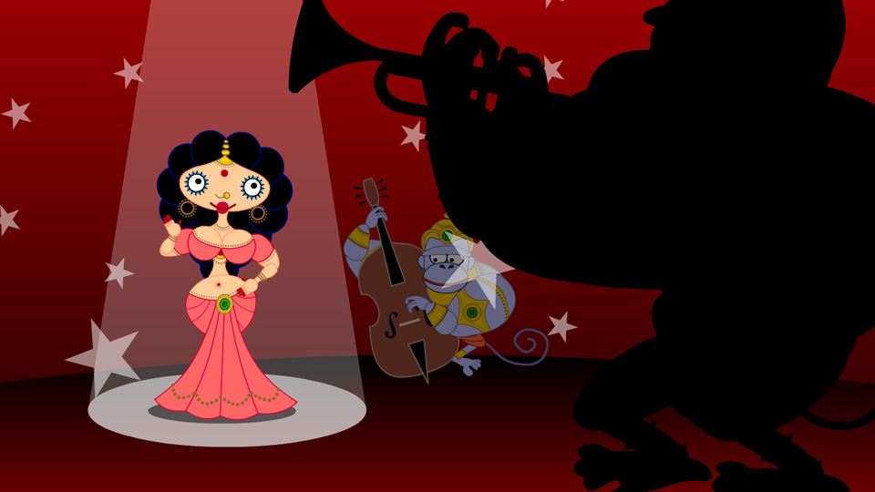 Still from an animated video with Sita singing under a spotlight. Music plays on the stage around her.