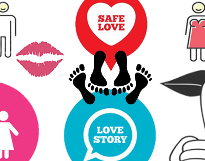 A poster. Two pairs of feet in black - one facing towards us, another away from us is in the centre. Words "SAFE LOVE" and "LOVE STORY" are written on wither side. On the top left and right are drawn man-man couple, and woman-woman couple respectively. On bottom left is a man-woman couple. On bottom right is drawn a finger on a lip, in a "shh" gesture.