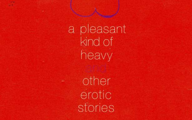 Poster of the book 'A pleasant kind of heavy and other erotic stories'. Breasts are drawn with blue ink at the top with bright red background.