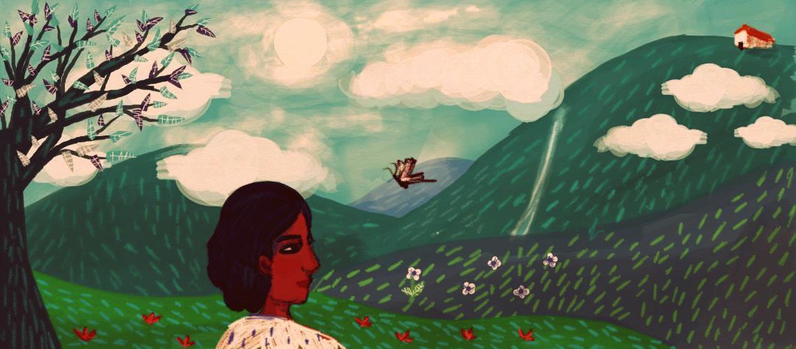 Painting of a woman enjoying a green landcape. There are clouds, mountains, flowers, a tree, and a butterfly.