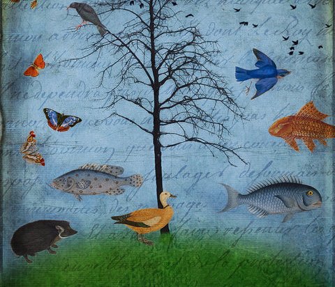 Painting of trees, birds, butterflies, fish superimposed on a piece of written paper.