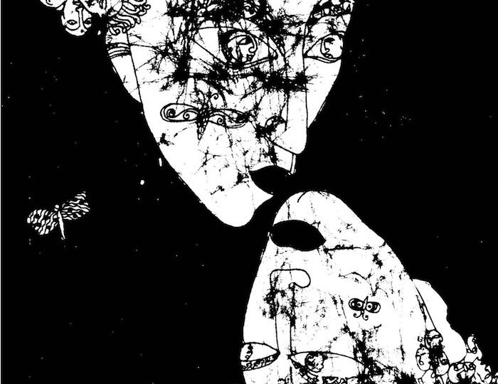 Face of a woman and its mirror image below it in a black and white abstract art.