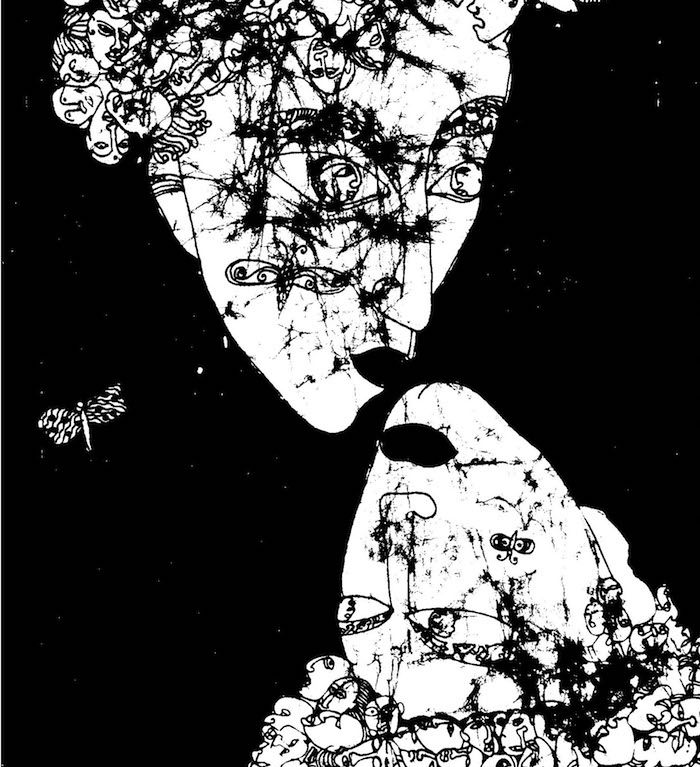 Face of a woman and its mirror image below it in a black and white abstract art.