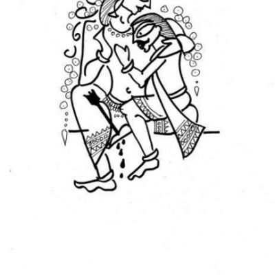 Doodle of two male gods sitting together closely, hugging. One has rested his head on the other's shoulder.