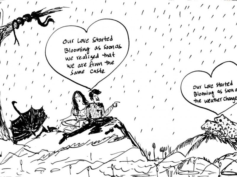 A cartoon of a man and woman sitting under a falling rain. Inside a heart-shaped bubble is written, "Our love started blooming as soon as we realised we are from the same caste."