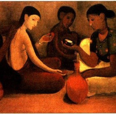 Painting of women sitting cross-legged on a floor, looking dull. They are wearing sarees, or only blouse and petticoats.