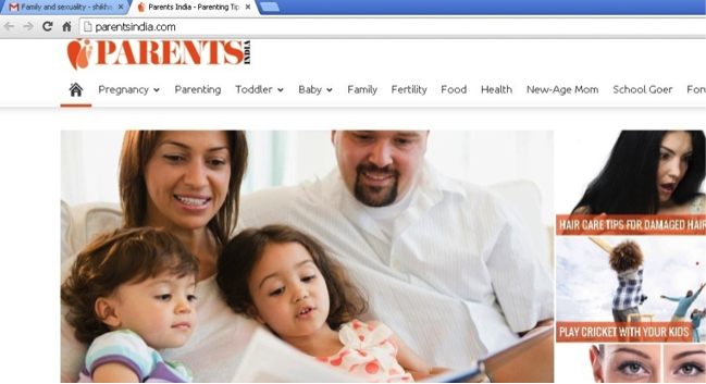 Screenshot of the homepage of the Parents India website. A photo of parents reading to their two kids is visible.