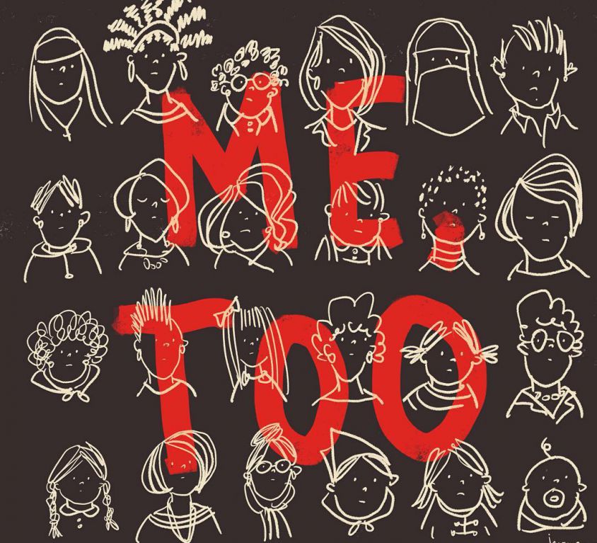 Several faces of girls have been doodled in white ink on a black paper. In big, bold, red letters is written "ME TOO" in background of the paper.