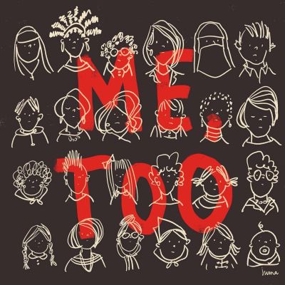 Several faces of girls have been doodled in white ink on a black paper. In big, bold, red letters is written "ME TOO" in background of the paper.