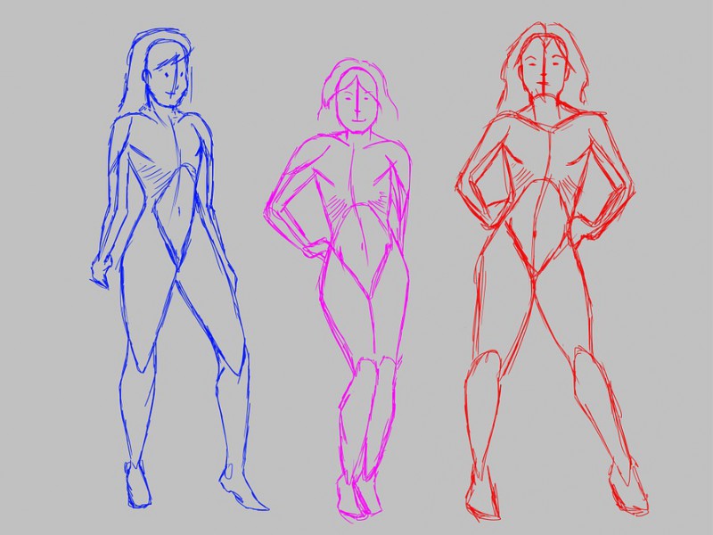 Sketches of three girls side-by-side as if walking on a ramp.