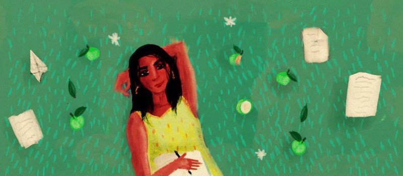 A painting of a woman lying with a left arm under her head, staring somewhere above as if thinking something. Her right arm rests on her tummy which holds a notebook and a pen. She is wearing a yellow cut-sleeves dress with orange dots on it. There are used papers lying around, along with a cup of possibly tea, and a few green peaches. There are small white flowers lying around her too.